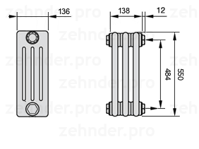 Схема (чертеж) Радиатор Zehnder Charleston 4055/3 №7610 Белый глянцевый RAL 9016